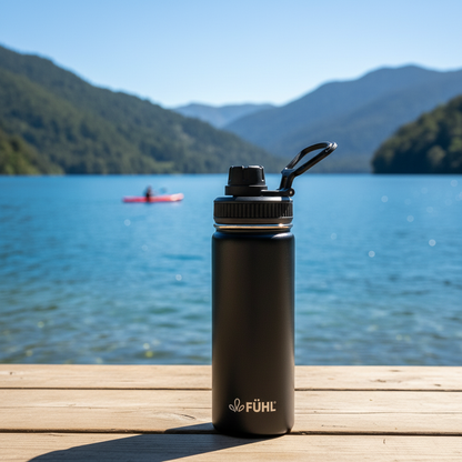 Botella FÜHL negra en lago del sur de Chile con kayakista