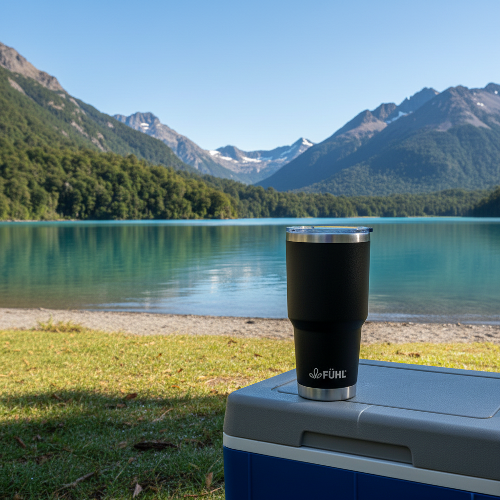 Botella FÜHL negra en lago del sur de Chile