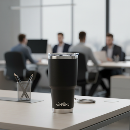 Botella FÜHL negra en oficina moderna