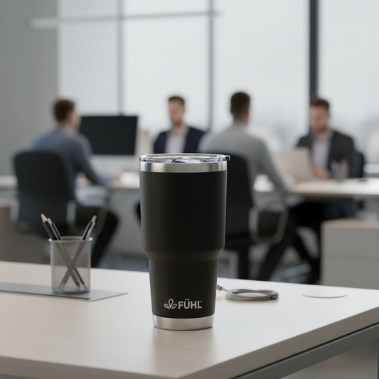 Botella FÜHL negra en oficina moderna