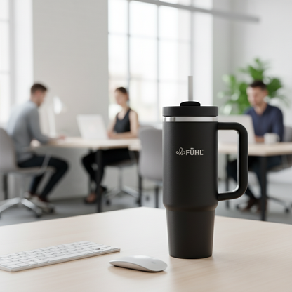 Botella FÜHL negra en oficina