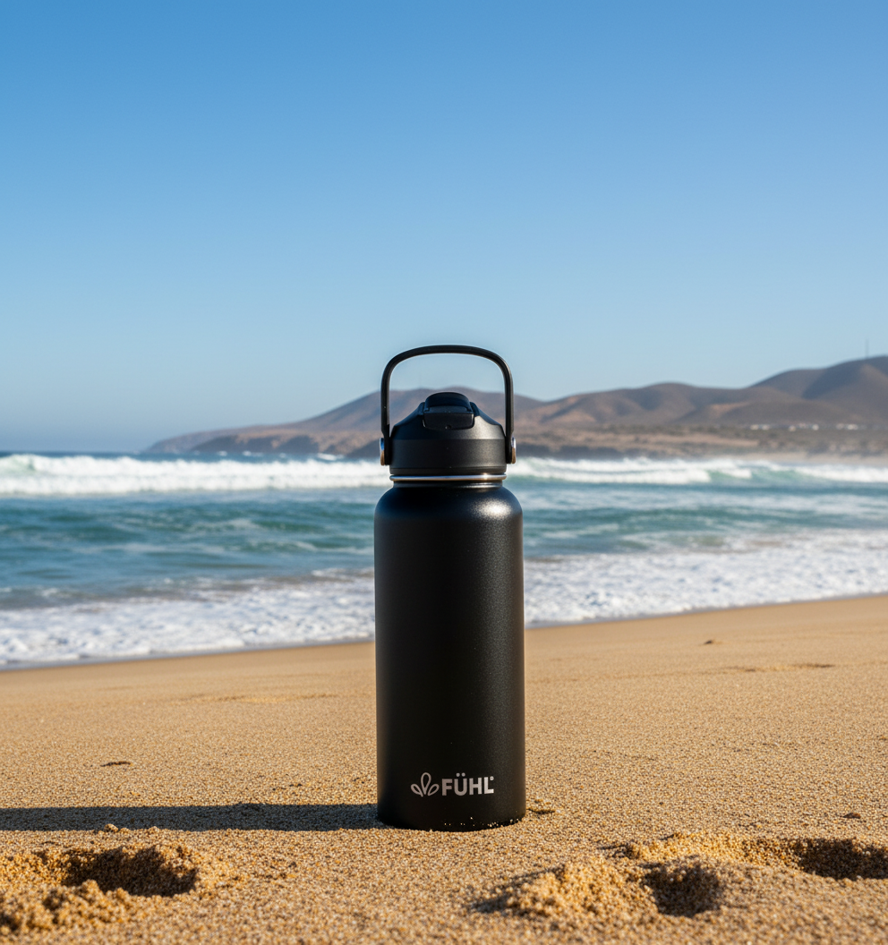 Botella FÜHL negra en playa de la zona centro norte de Chile