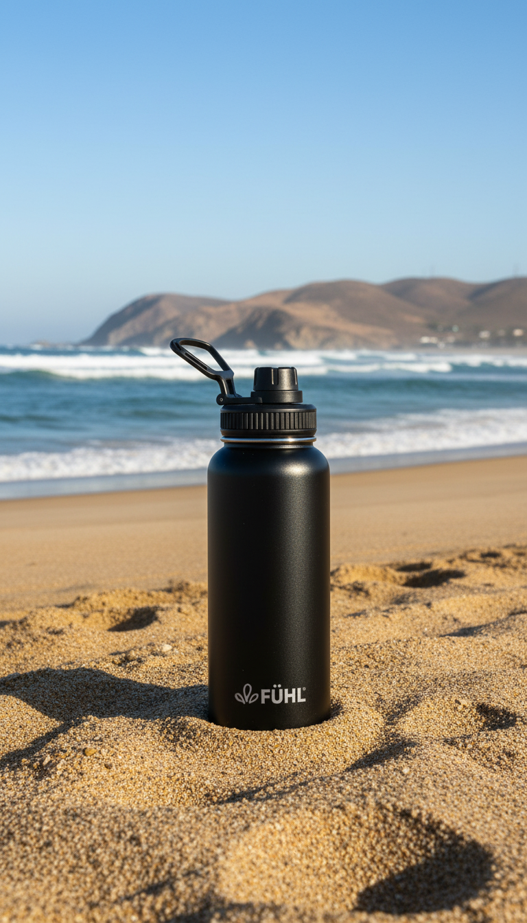Botella FÜHL negra en playa de la zona centro norte de Chile