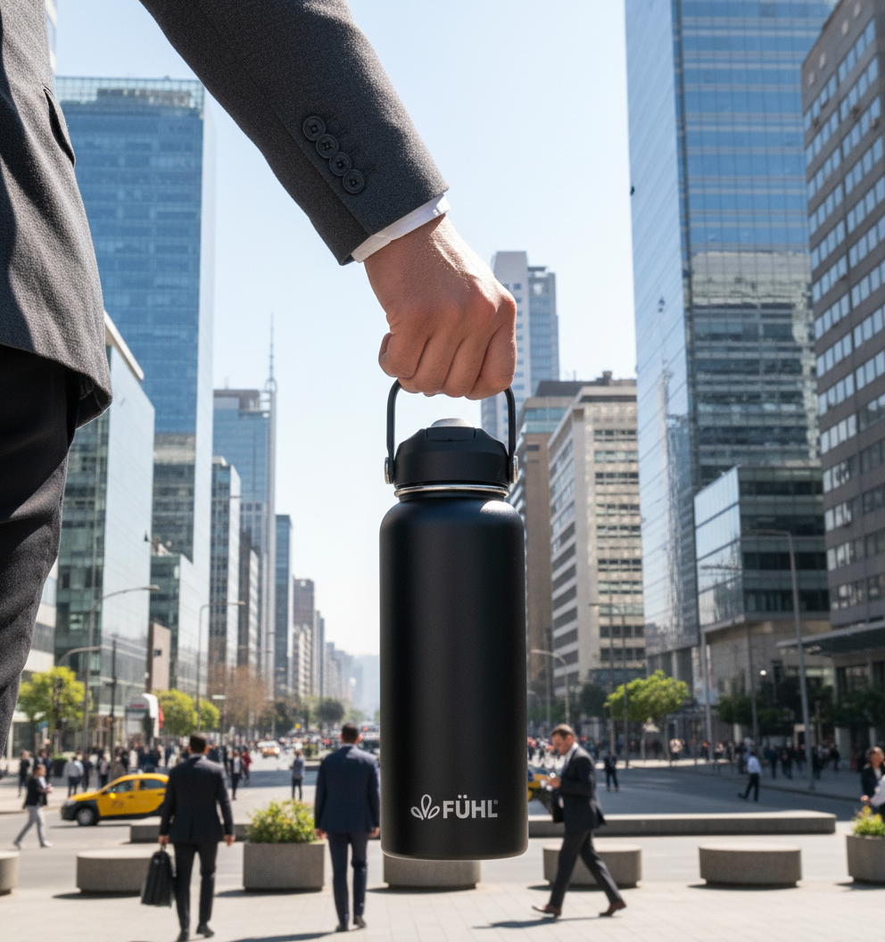 Botella FÜHL negra en Sanhattan, Chile