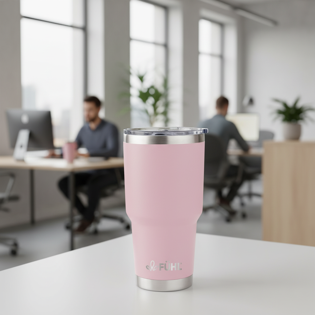 Botella FÜHL rosada en oficina moderna