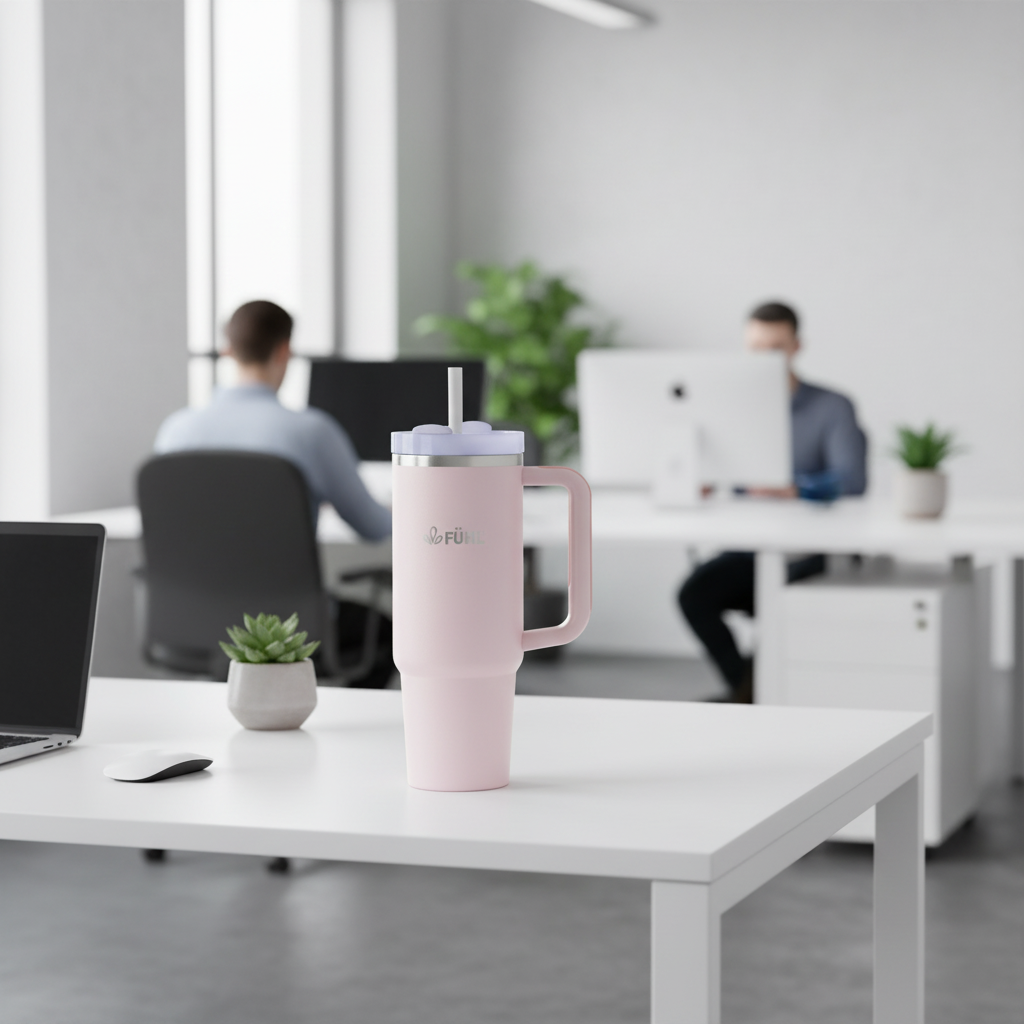 Botella FÜHL rosada en oficina