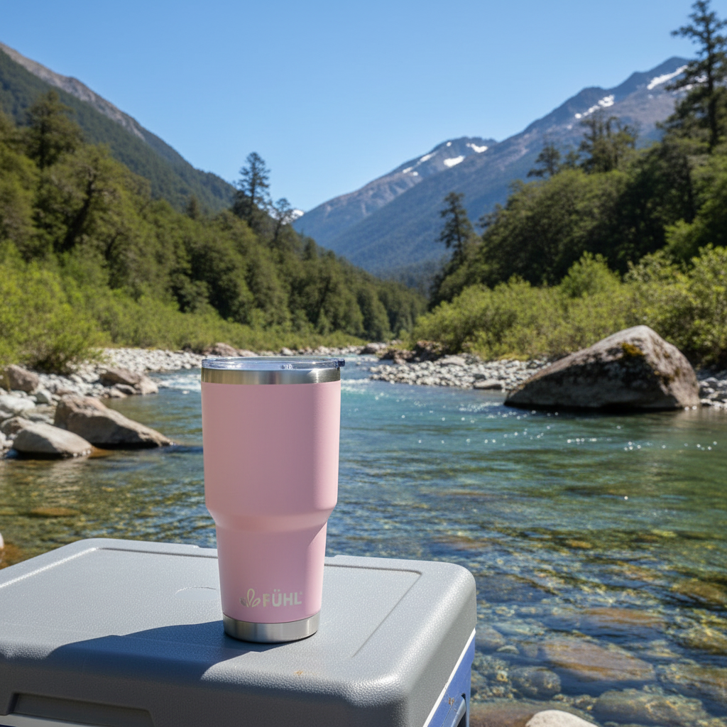 Botella FÜHL rosada en río del sur de Chile