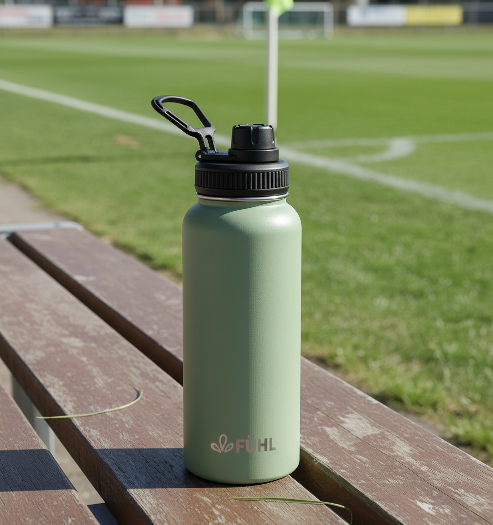 Botella FÜHL verde en banca de fútbol