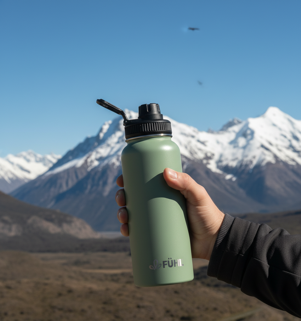Botella FÜHL verde en la cordillera del sur de Chile con cóndor