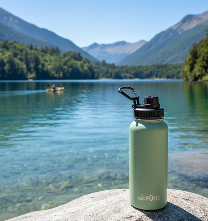 Botella FÜHL verde en lago del sur de Chile con kayakista