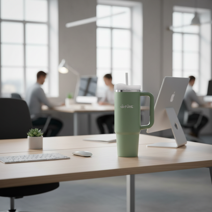 Botella FÜHL verde en oficina