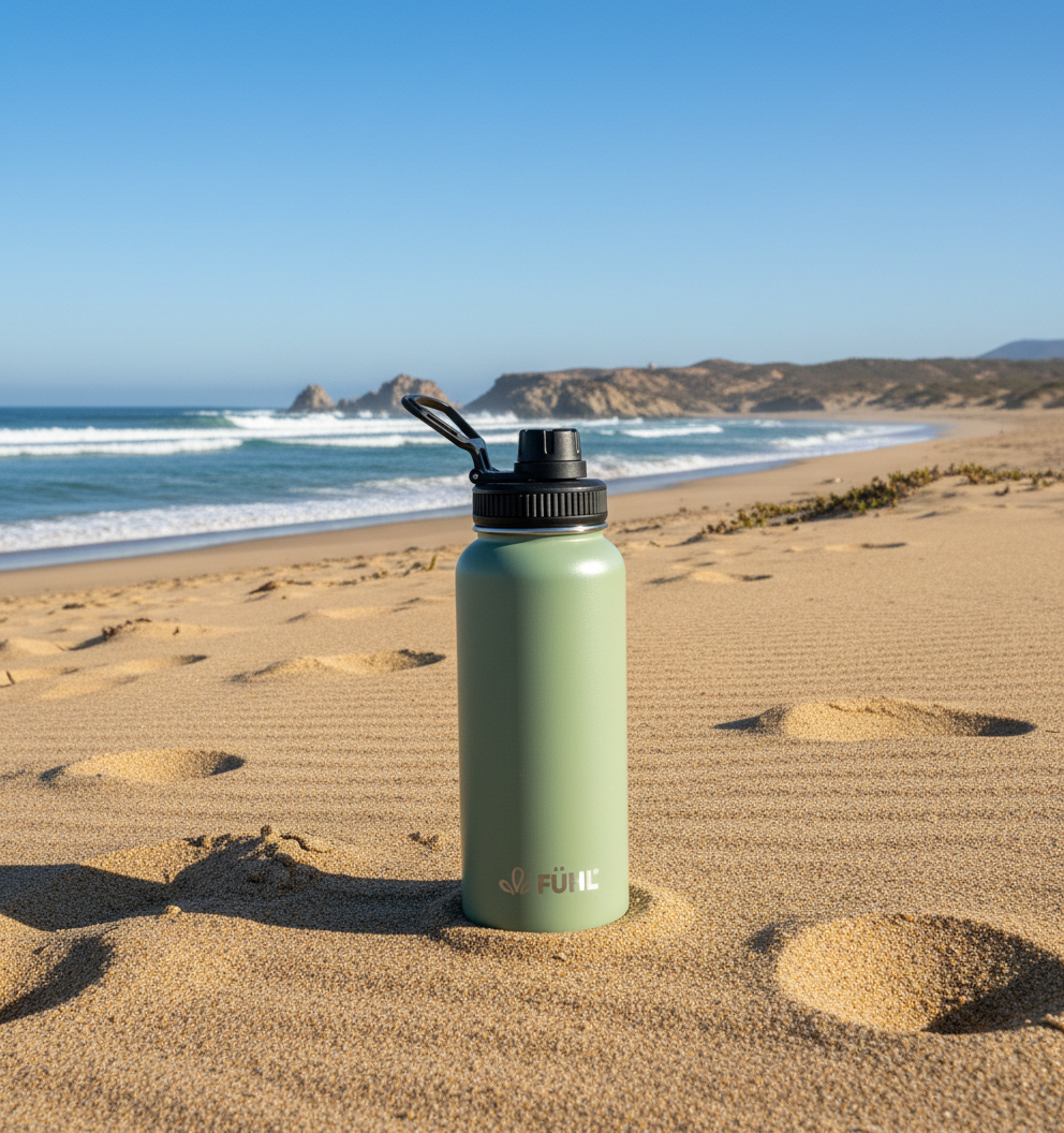 Botella FÜHL verde en playa de la zona centro norte de Chile