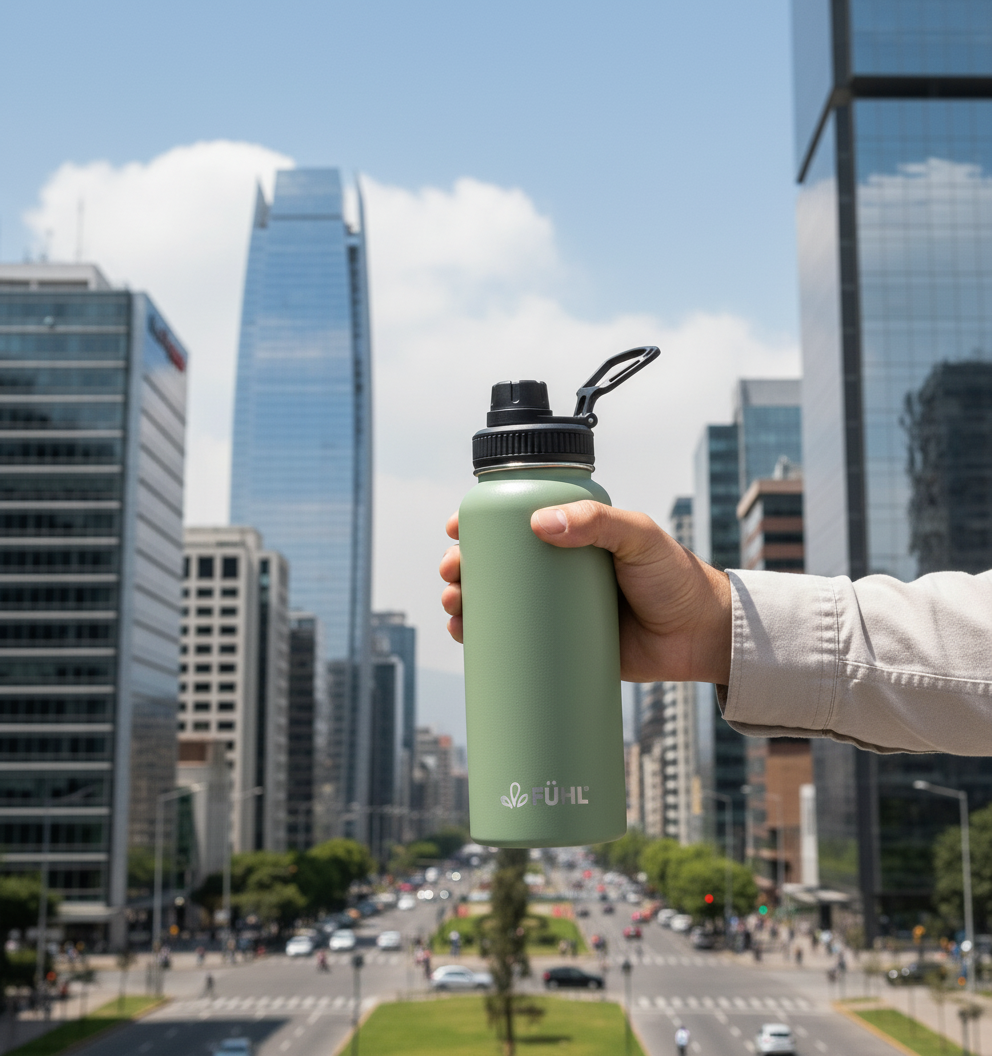 Botella FÜHL verde en Sanhattan, Chile