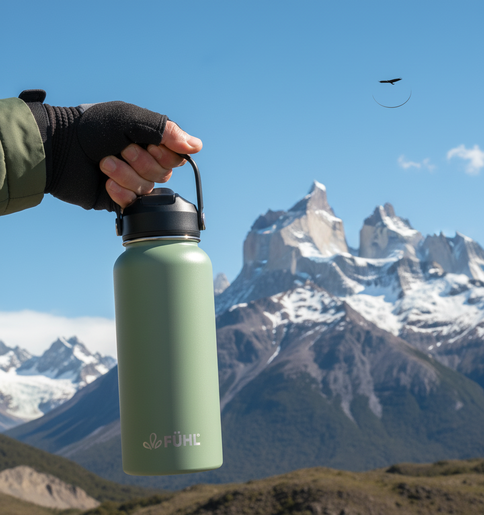Botella FÜHL verde menta en la cordillera del sur de Chile con cóndor