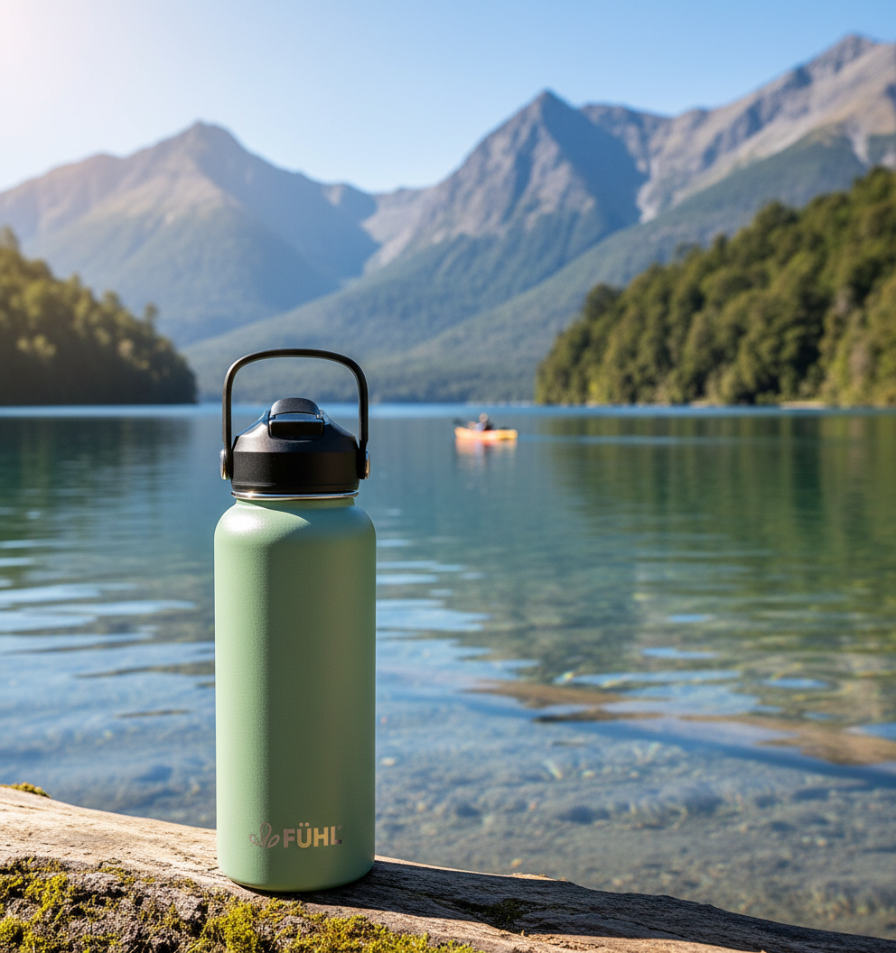 Botella FÜHL verde menta en lago del sur de Chile con kayakista