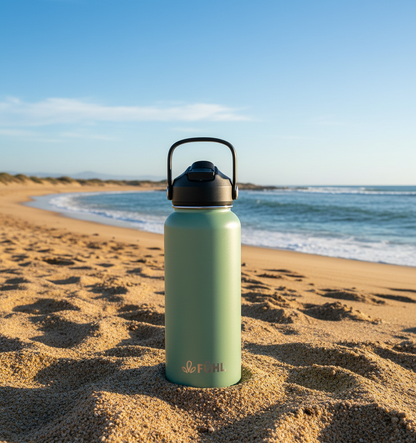 Botella FÜHL verde menta en playa de la zona centro norte de Chile