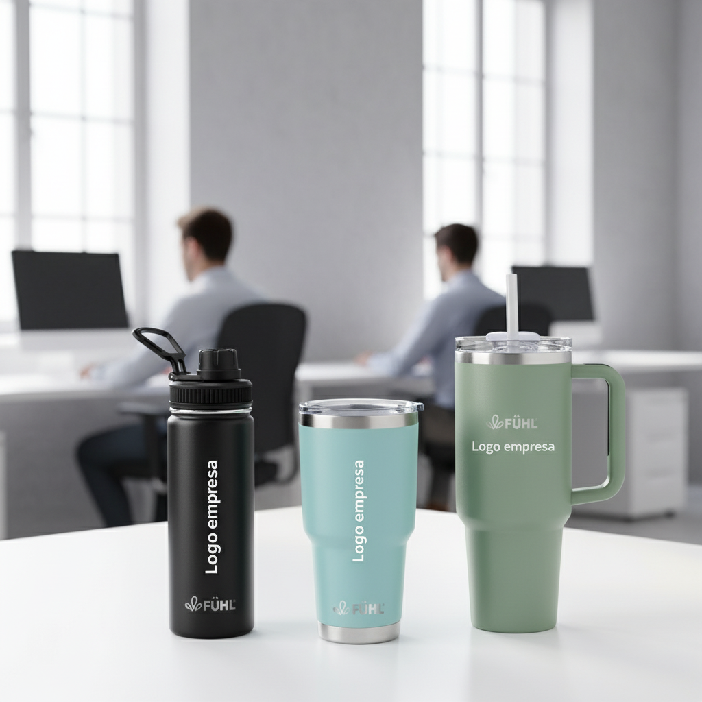 Botellas FÜHL con Logo empresa en oficina moderna