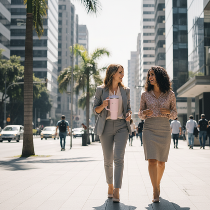Dos oficinistas con botella FÜHL rosada en Sanhattan