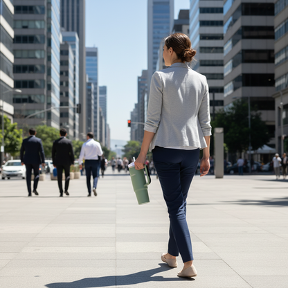Mujer oficinista sosteniendo botella FÜHL por el asa