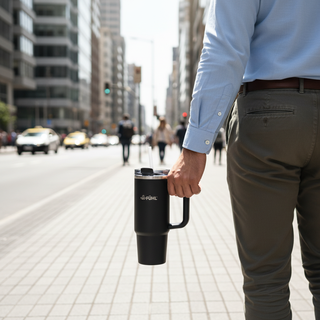 Oficinista sosteniendo botella FÜHL negra por el asa